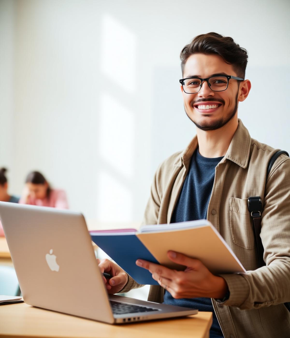 Adult student smiling with laptop, preparing for Trinity SELT exam online